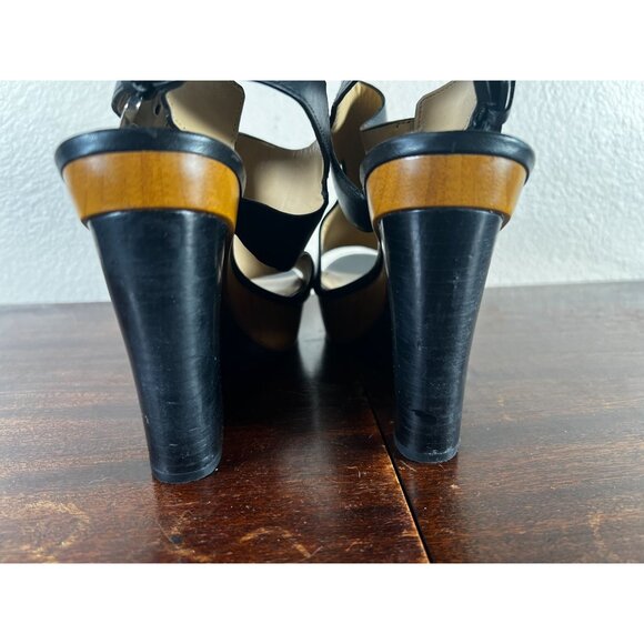 Michael Kors Josephine Sandal Womens 7M Black Platform Wedge Leather Wood Peep T - Picture 4 of 11